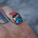 Vintage Sterling Turquoise and Coral Feather Ring 7