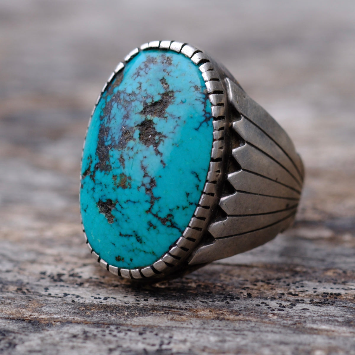 Vintage Sterling Turquoise Ribbed Band Ring 10.5