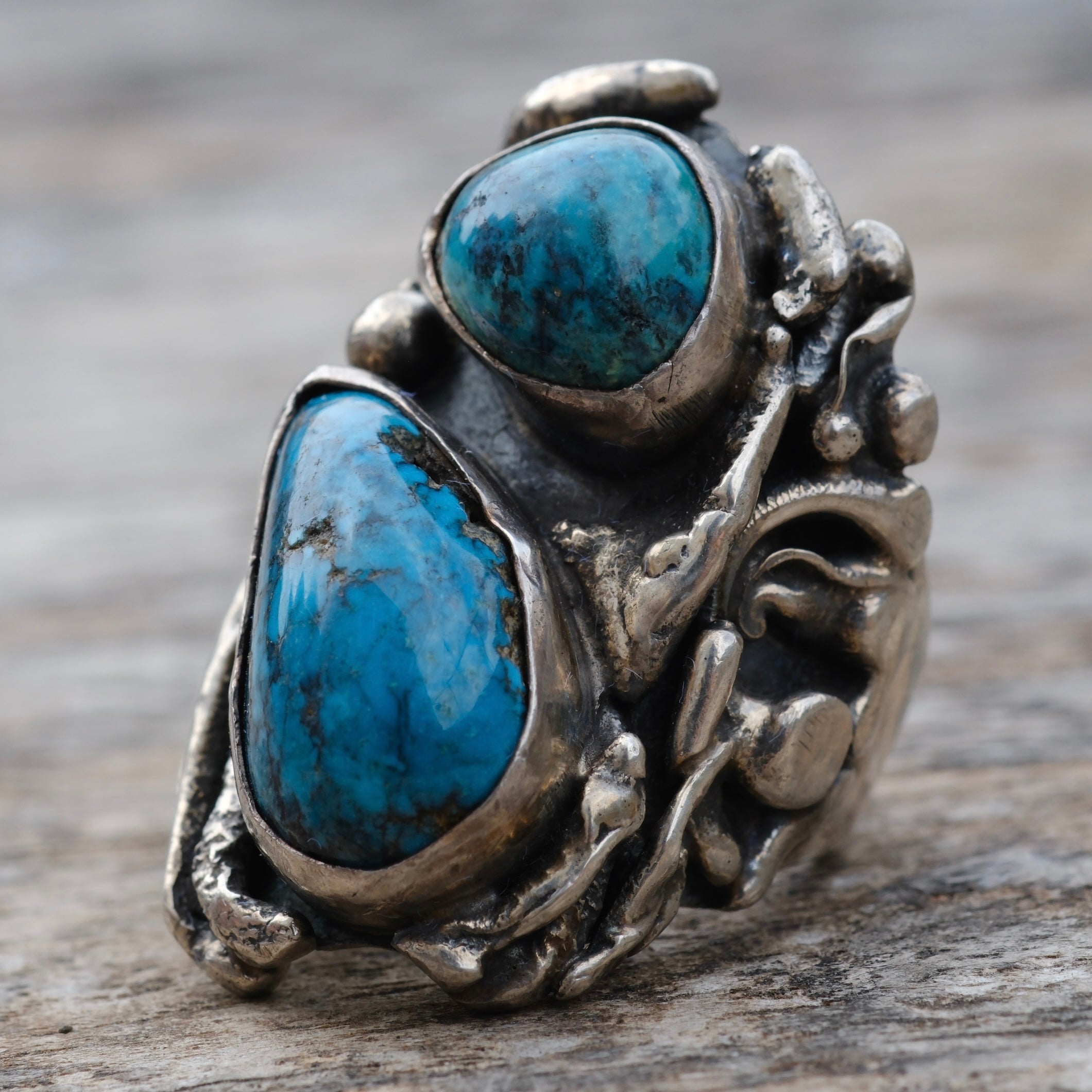 Vintage Sterling Huge 2-Stone Chunky Turquoise Ring 9