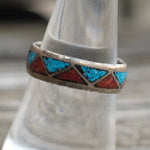Vintage Sterling Crushed Turquoise and Coral Inlay Band 8.25