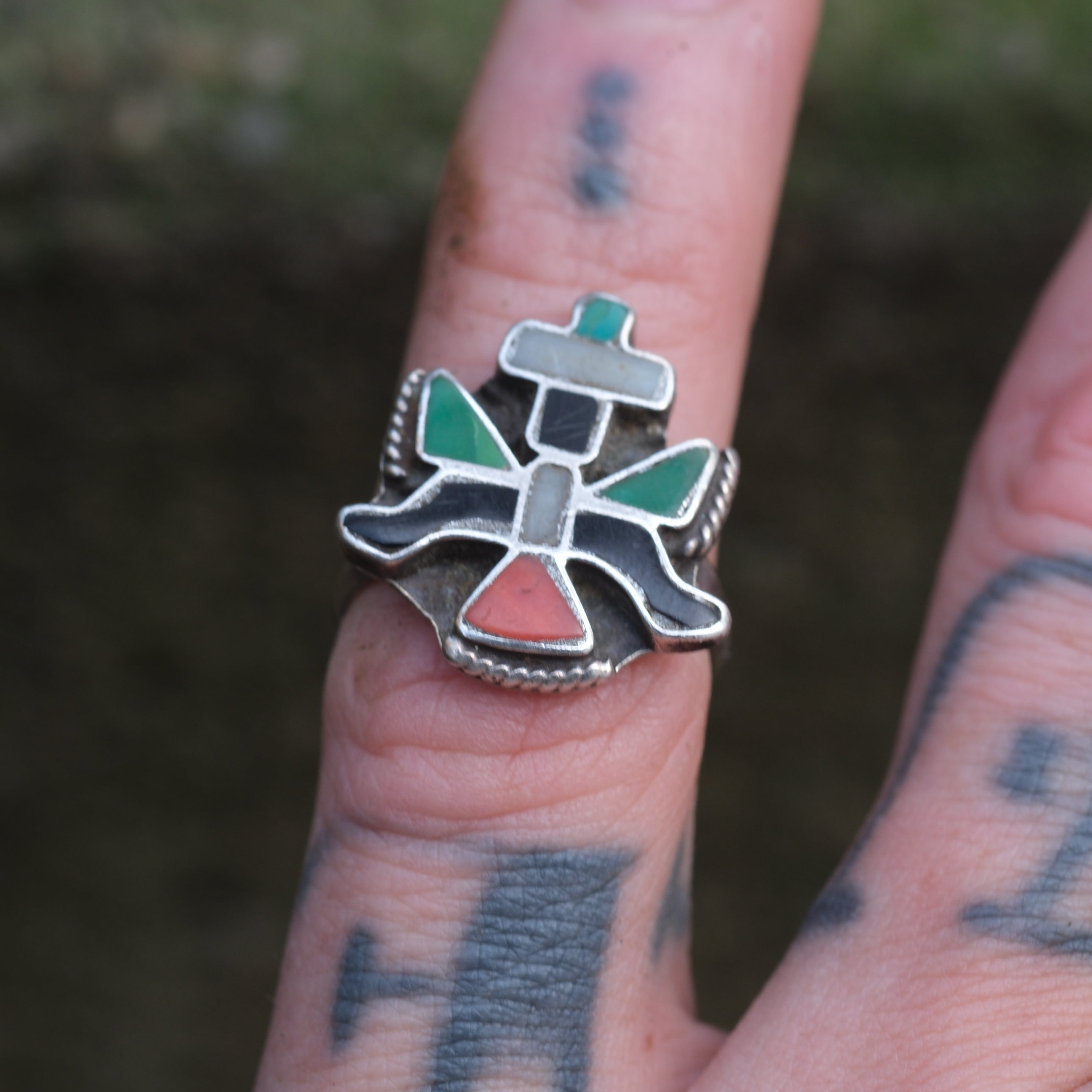 Vintage Sterling Multistone Inlay Kachina Ring 4.75