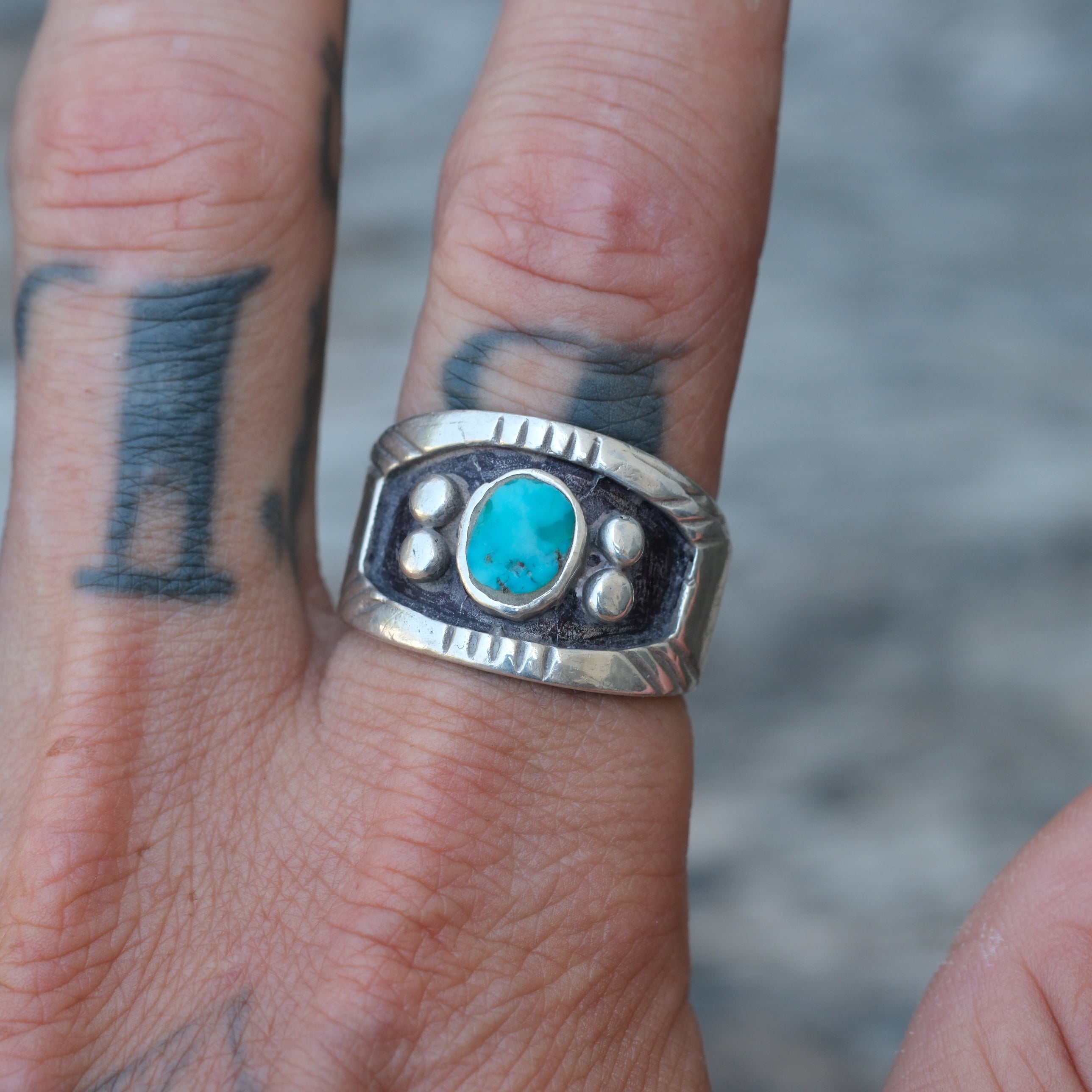 Vintage Sterling Turquoise Wide Band Ring 10.75