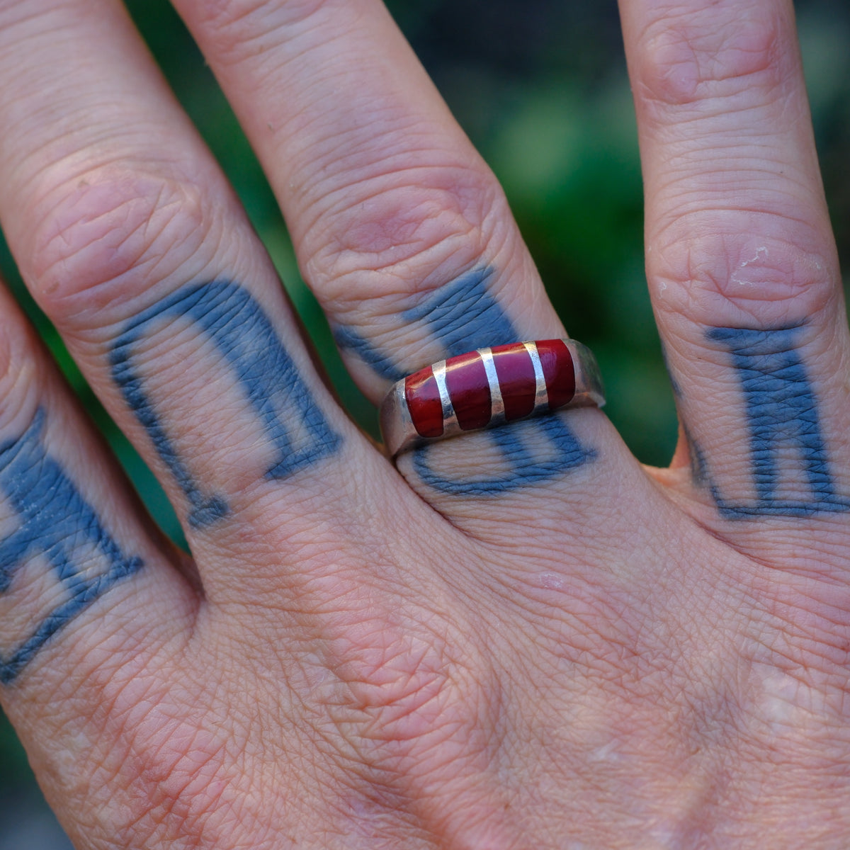 Vintage Sterling Coral Inlay Ring 9.25