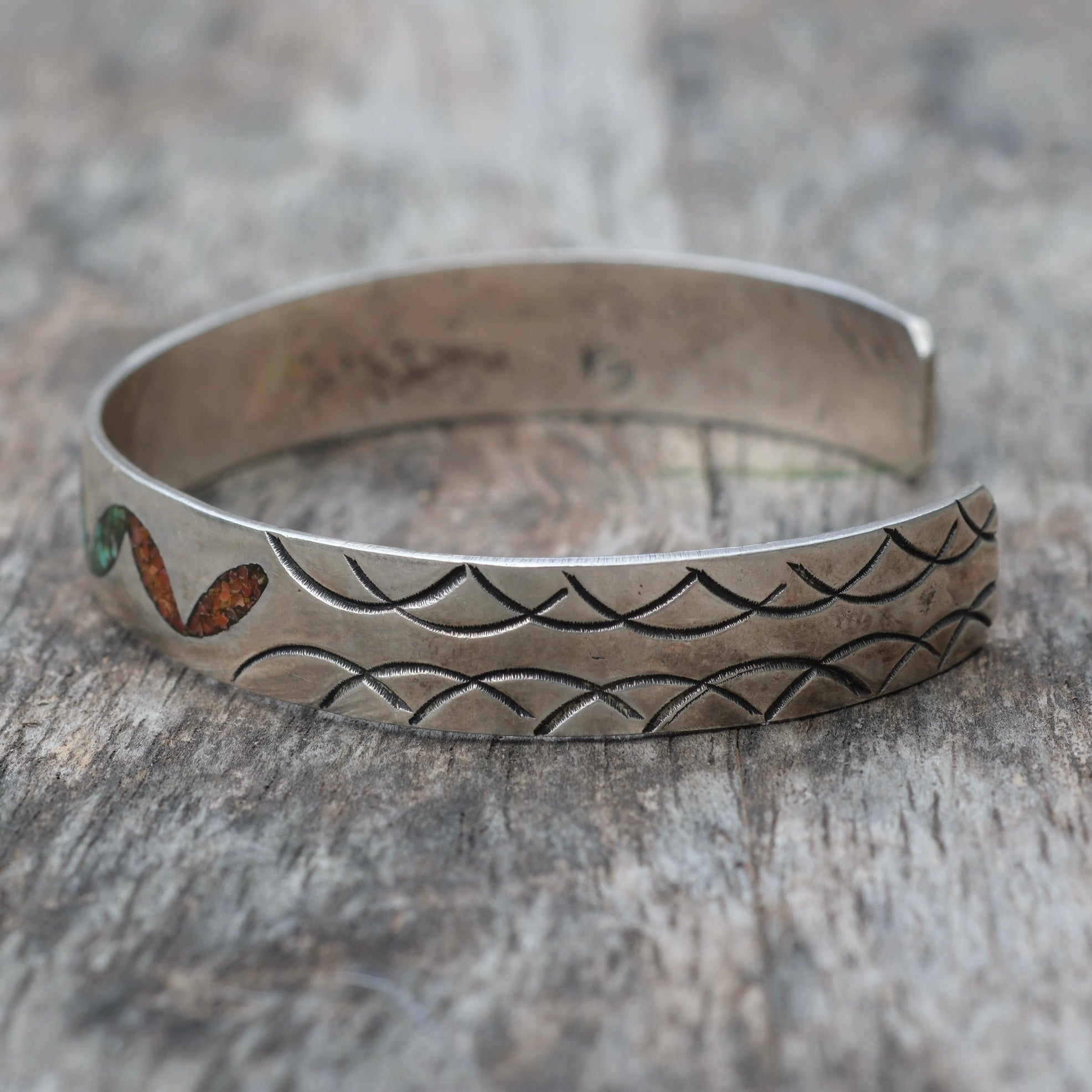 Vintage Sterling Turquoise and Coral Inlay Cuff Bracelet