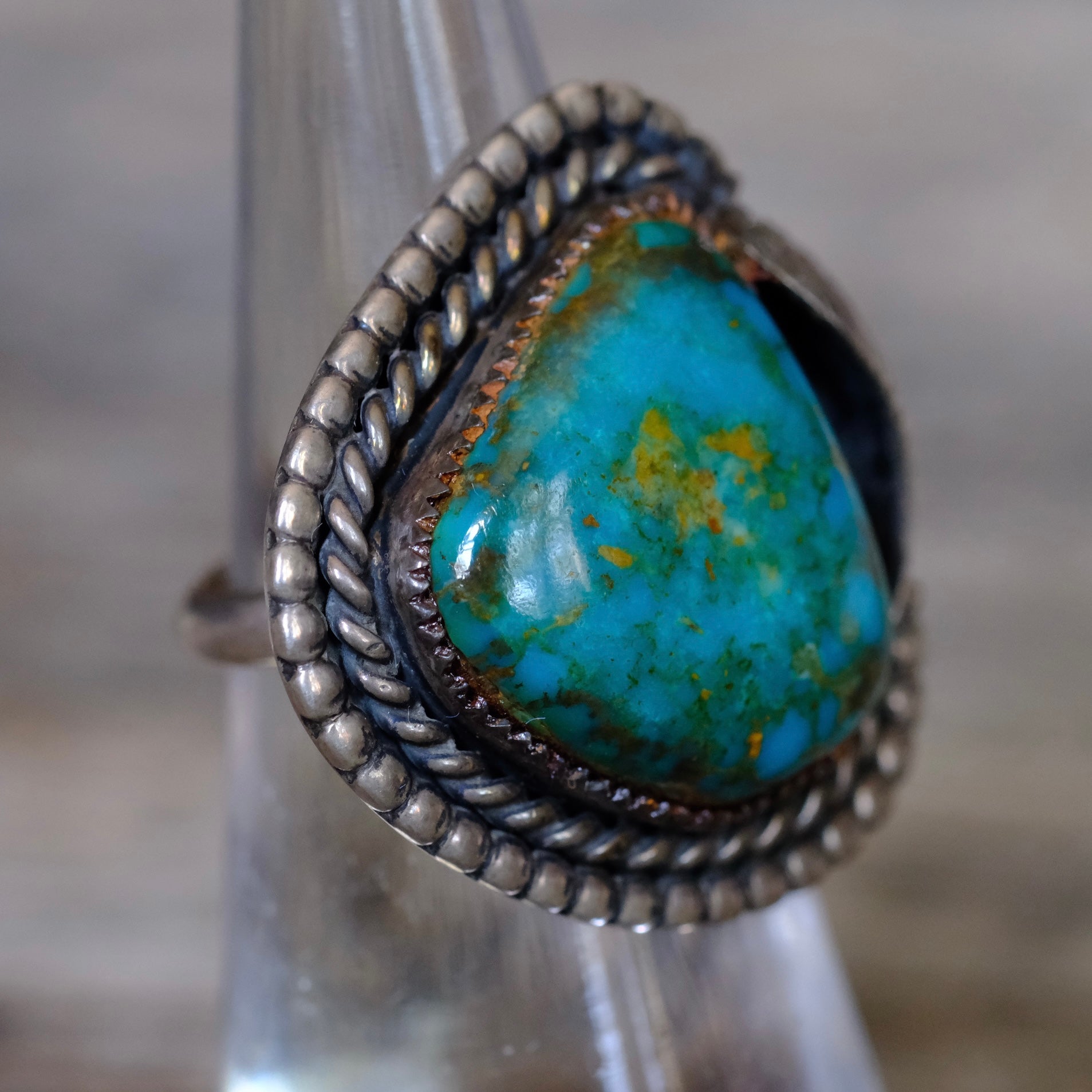 Vintage Sterling Turquoise Feather Roper Ring 4.75