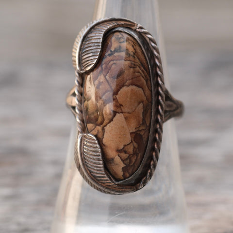 Vintage Sterling Jasper Feather Ring 7