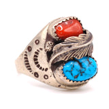 Vintage Sterling Turquoise and Coral Stamped Band Ring 9.5