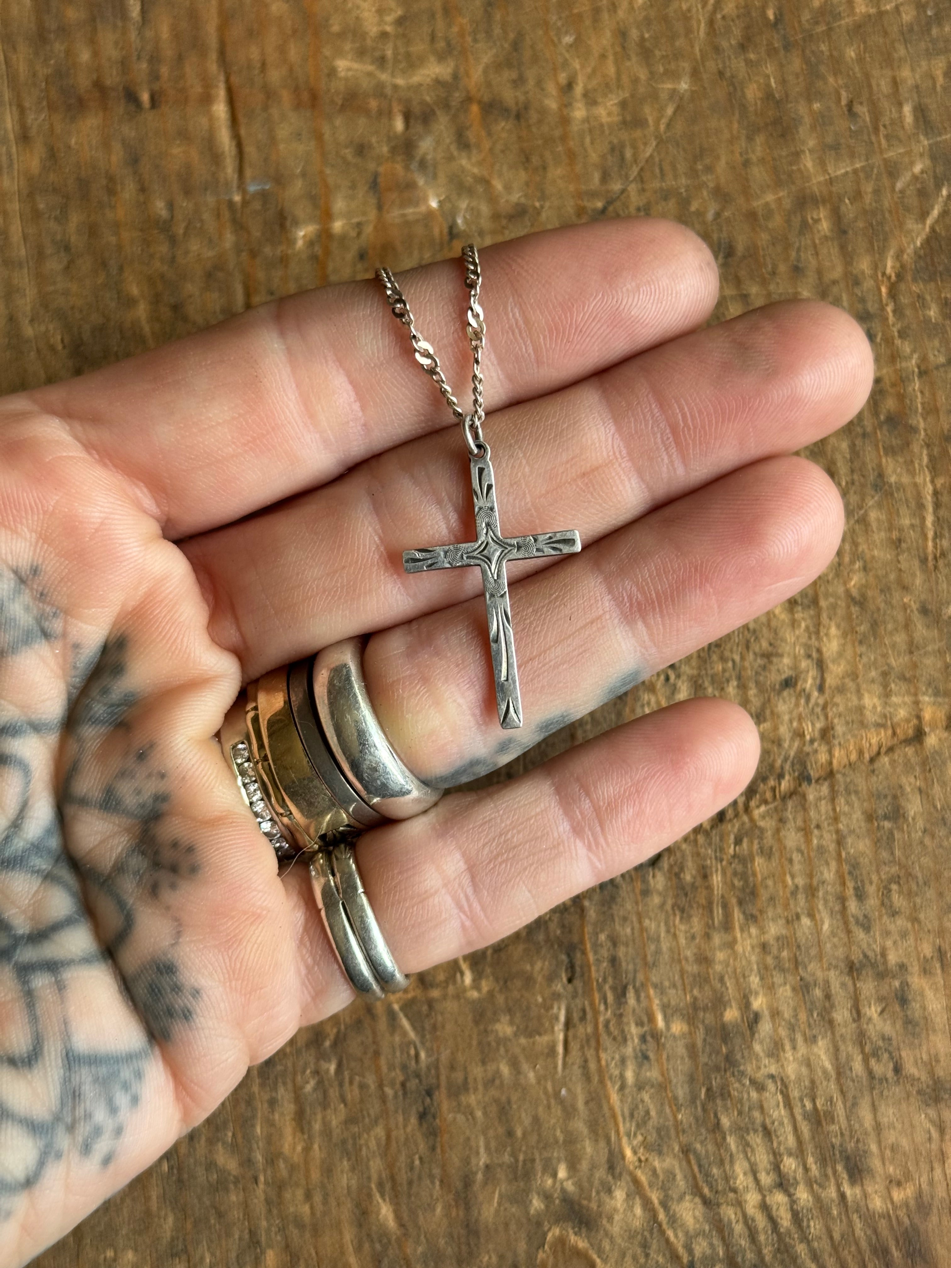 Vintage Sterling Silver Stamped Cross Necklace
