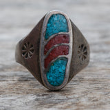 Vintage Sterling Crushed Turquoise and Coral Stamped Band Ring 11.5