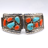 Vintage Sterling Turquoise and Coral Cluster Watch Band