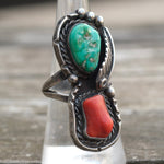 Vintage Sterling Turquoise and Coral Feather Ring 8