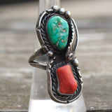 Vintage Sterling Turquoise and Coral Feather Ring 8
