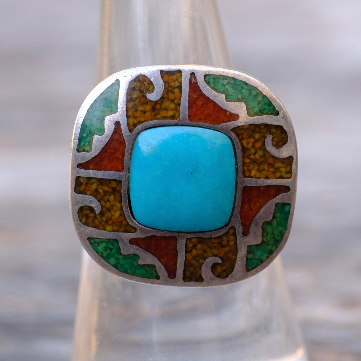 Vintage Sterling Turquoise and Coral Inlay Ring 7.75