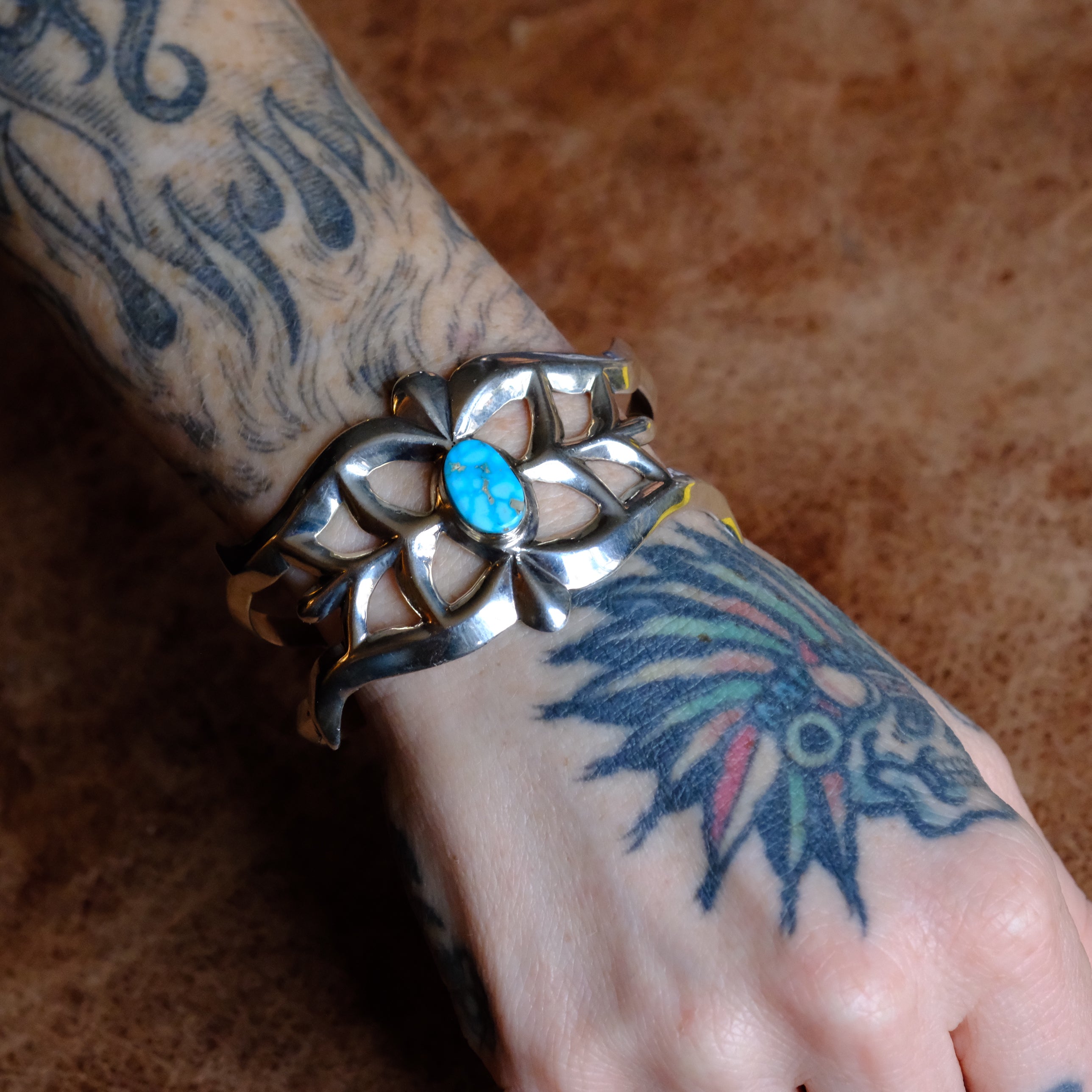 Vintage Sterling Turquoise Sandcast Cuff Bracelet