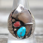 Vintage Sterling Turquoise and Coral Claw Ring 10.5