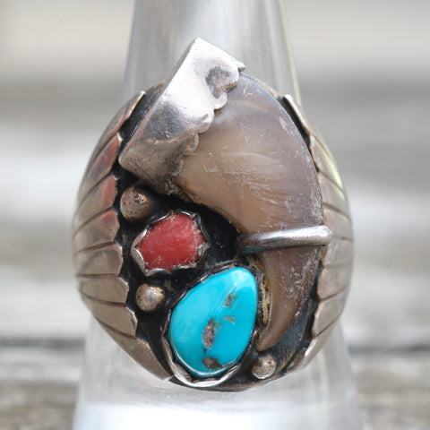 Vintage Sterling Turquoise and Coral Claw Ring 10.5