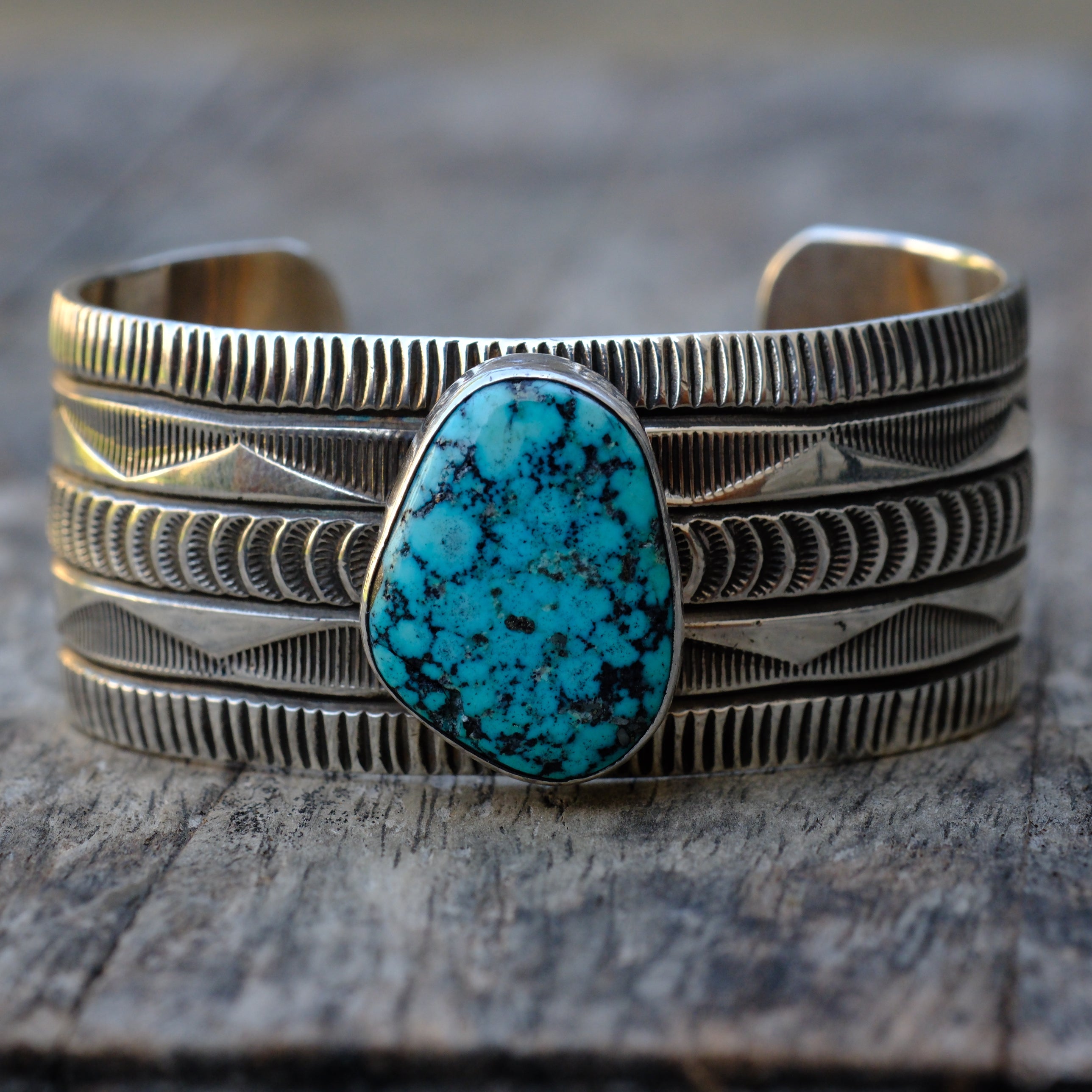 Alex Sanchez Sterling Silver Stamped Kingman Turquoise Cuff Bracelet