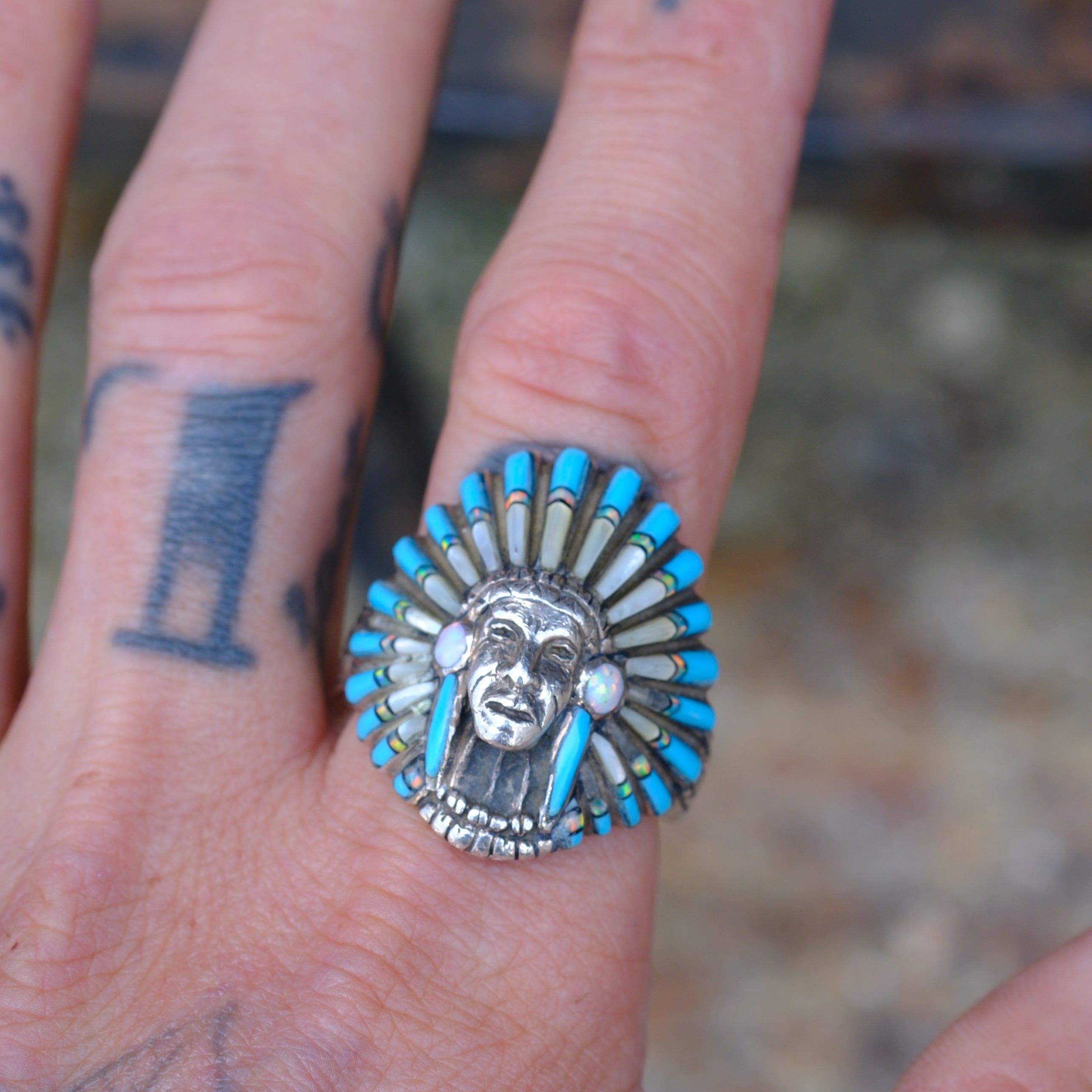 Vintage Sterling Multstone Inlay Big Chief Ring 13