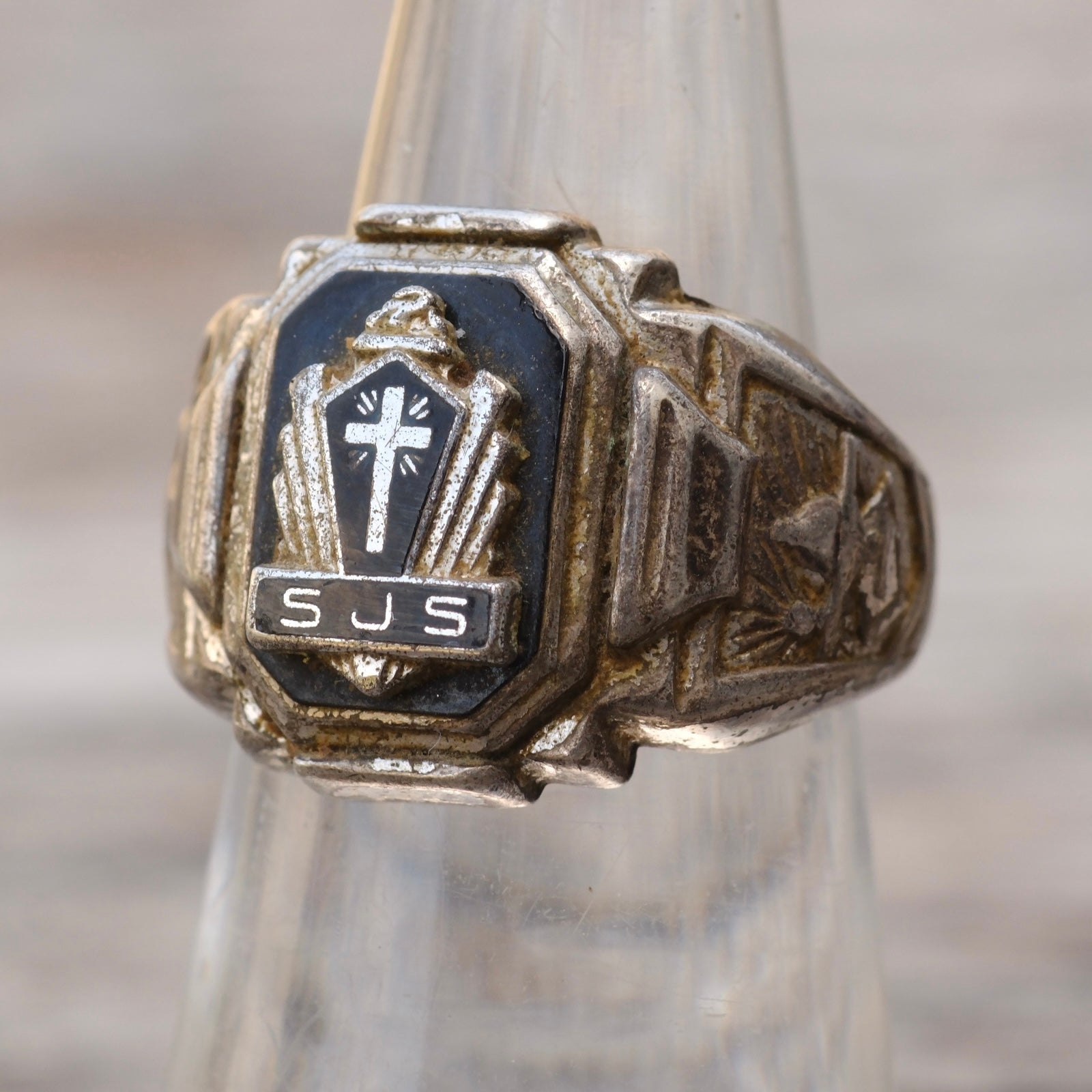 Vintage Sterling Cross SJS Signet Ring 6