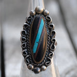 Vintage Sterling Onyx and Turquoise Inlay Ring 5.75