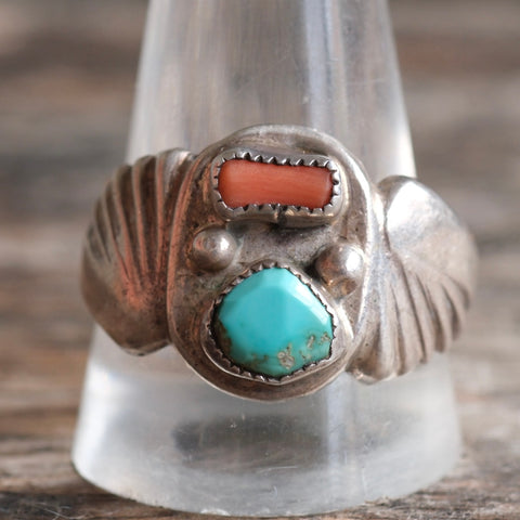 Vintage Sterling Turquoise and Coral Ring 12.75