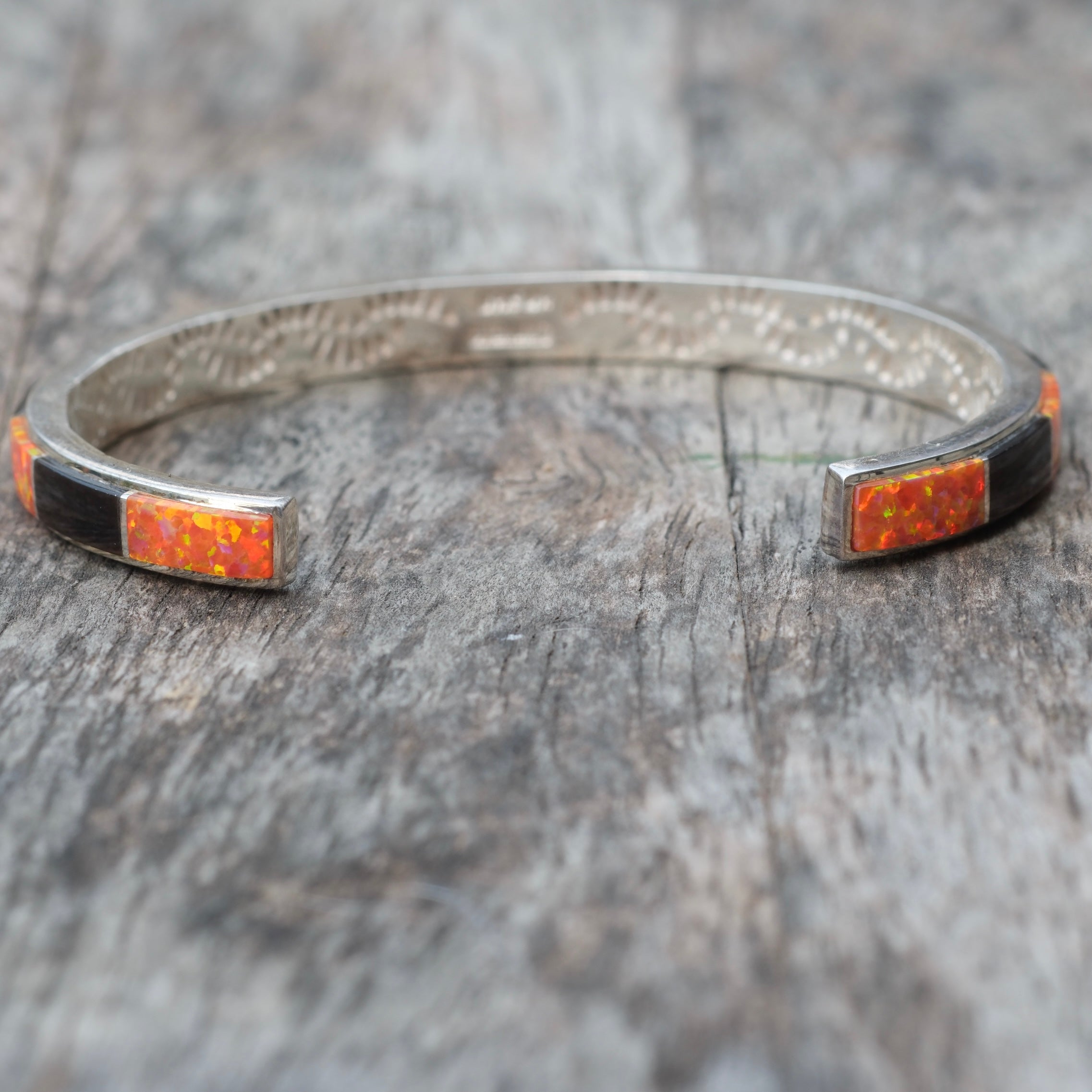 Vintage Sterling Opalite and Black Resin Inlay Cuff Bracelet