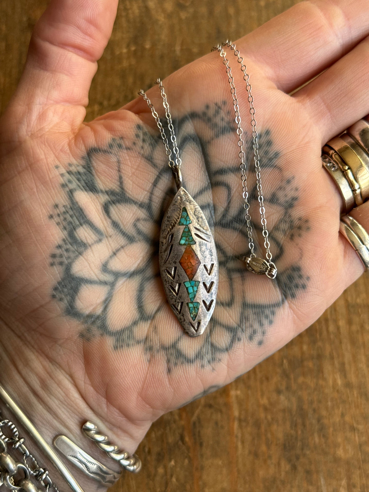 Vintage Sterling Silver Crushed Turquoise & Coral Inlay Shield Necklace
