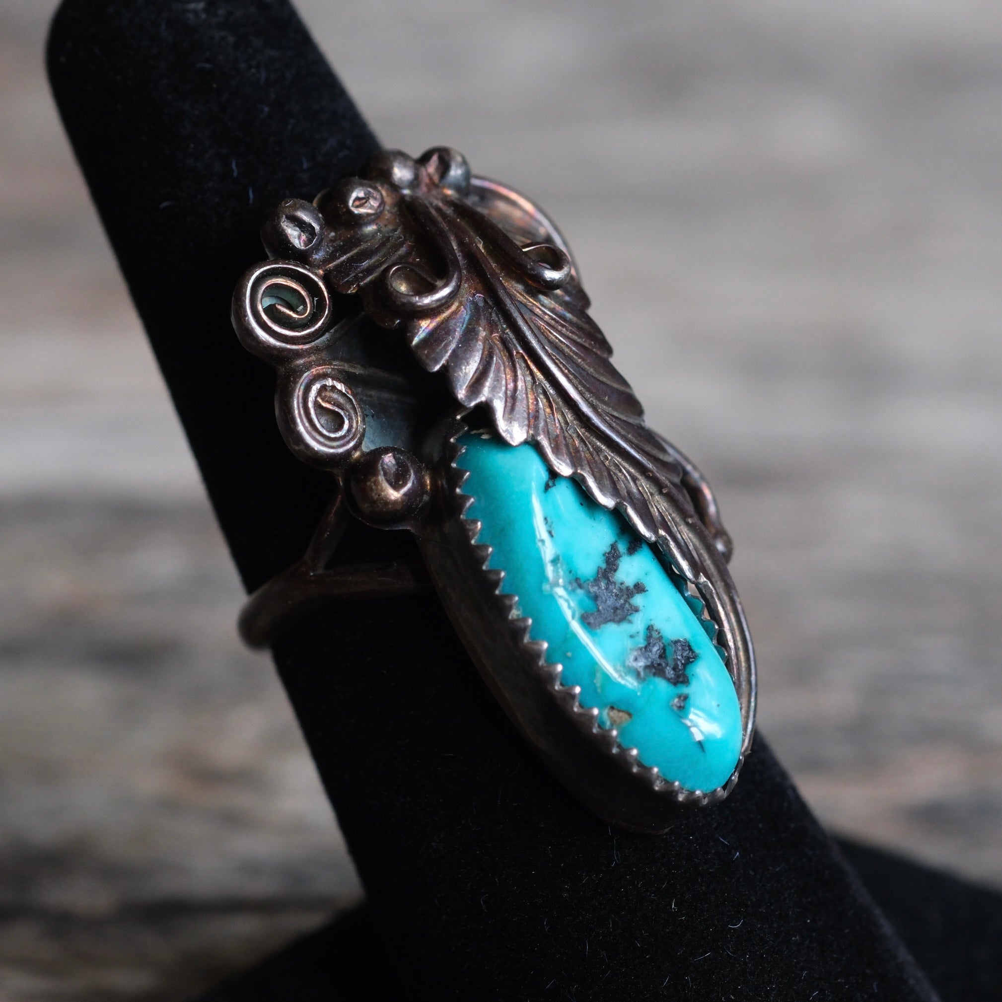Vintage Sterling Turquoise Feather Ring 6.25