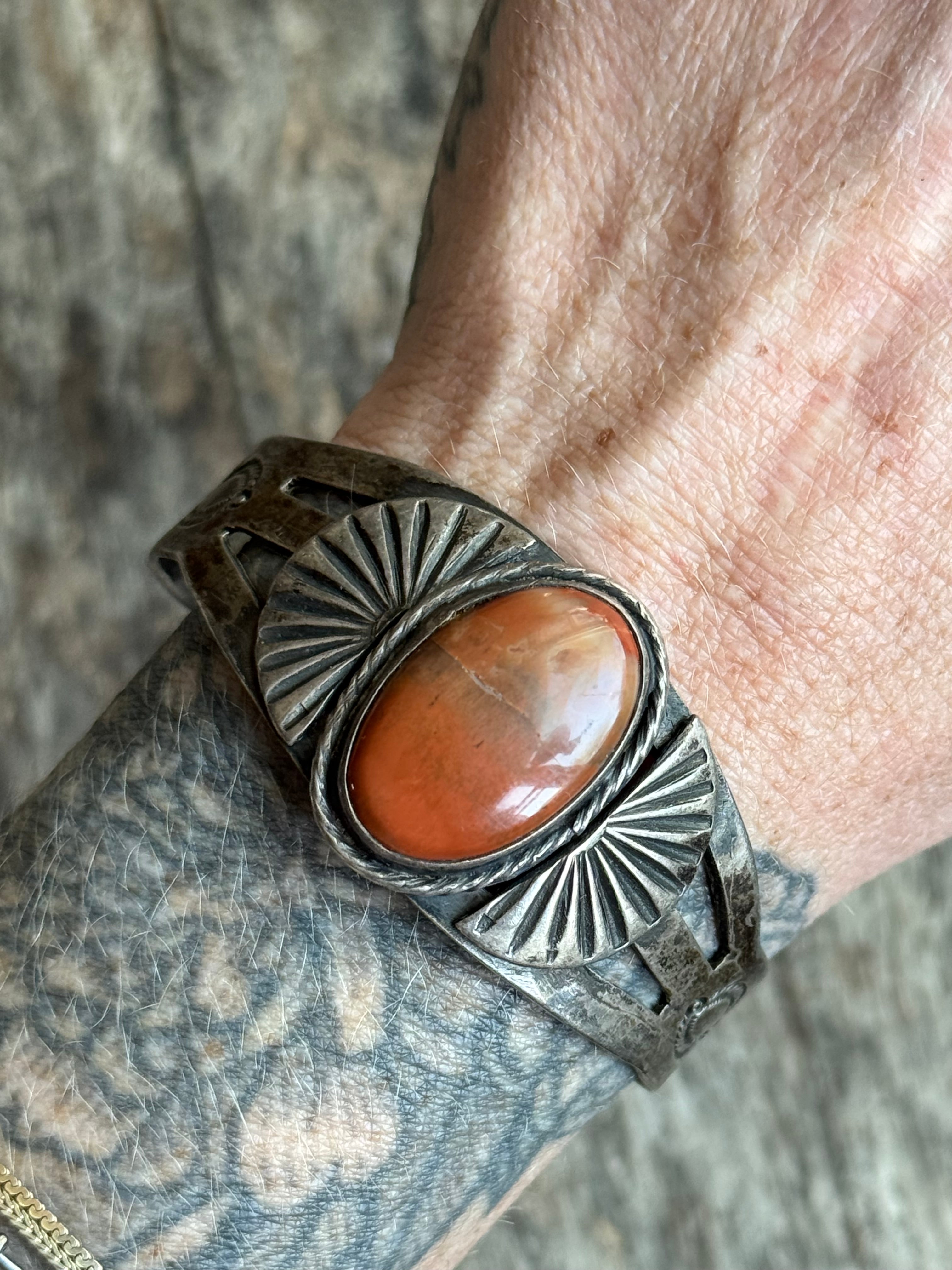 Vintage Sterling Silver Old Pawn Agate Stamped Fan Cuff