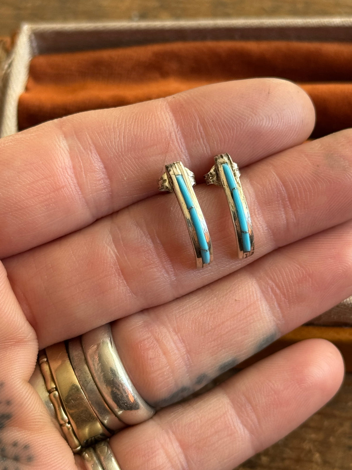 Vintage Sterling Silver Turquoise Inlay Crescent Hoops