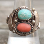 Vintage Sterling Turquoise and Coral Ribbed Band Ring 10.75