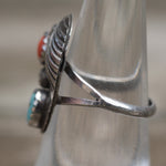 Vintage Sterling Turquoise and Coral Feather Ring 6.25
