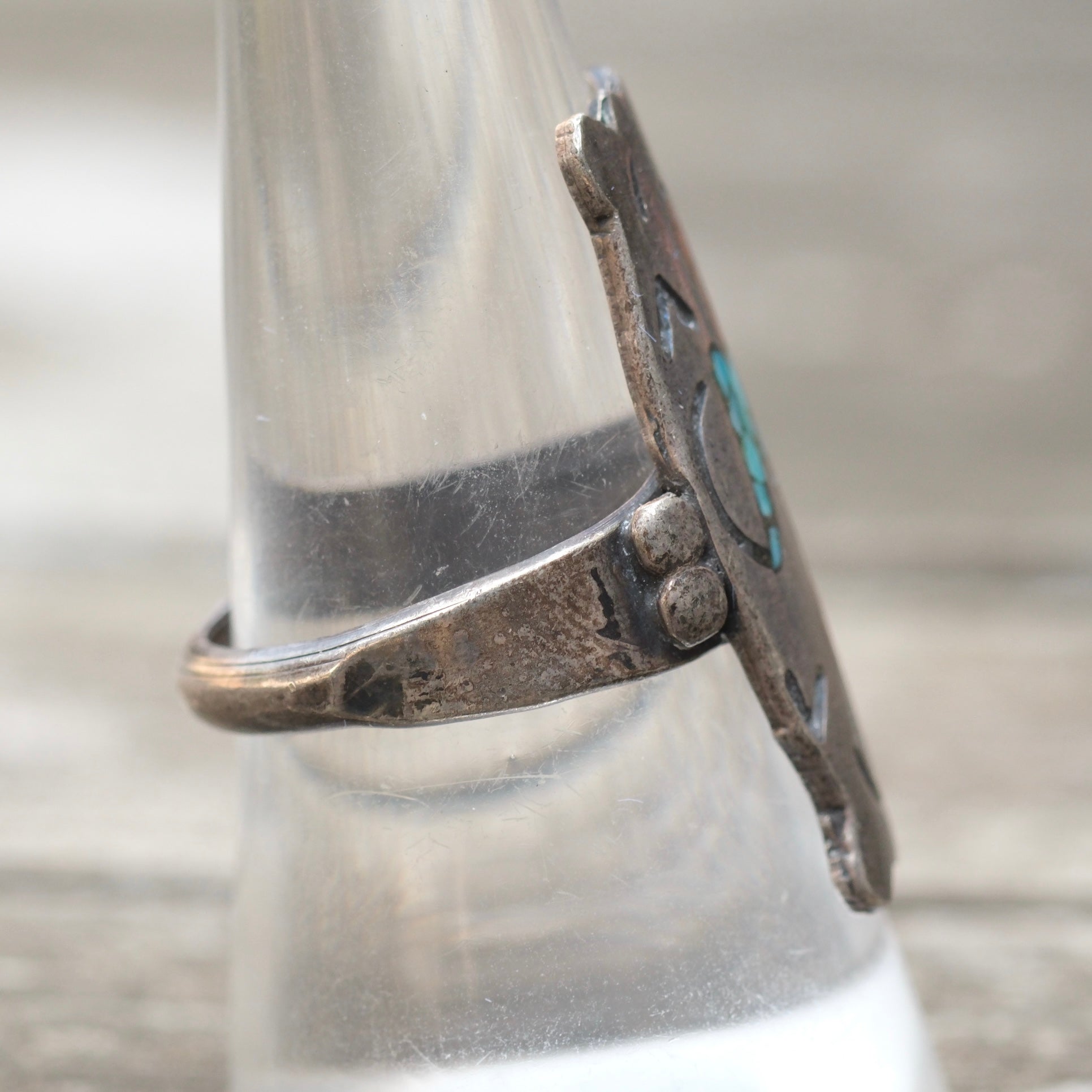 Vintage Sterling Turquoise and Coral Thunderbird Ring 8.75