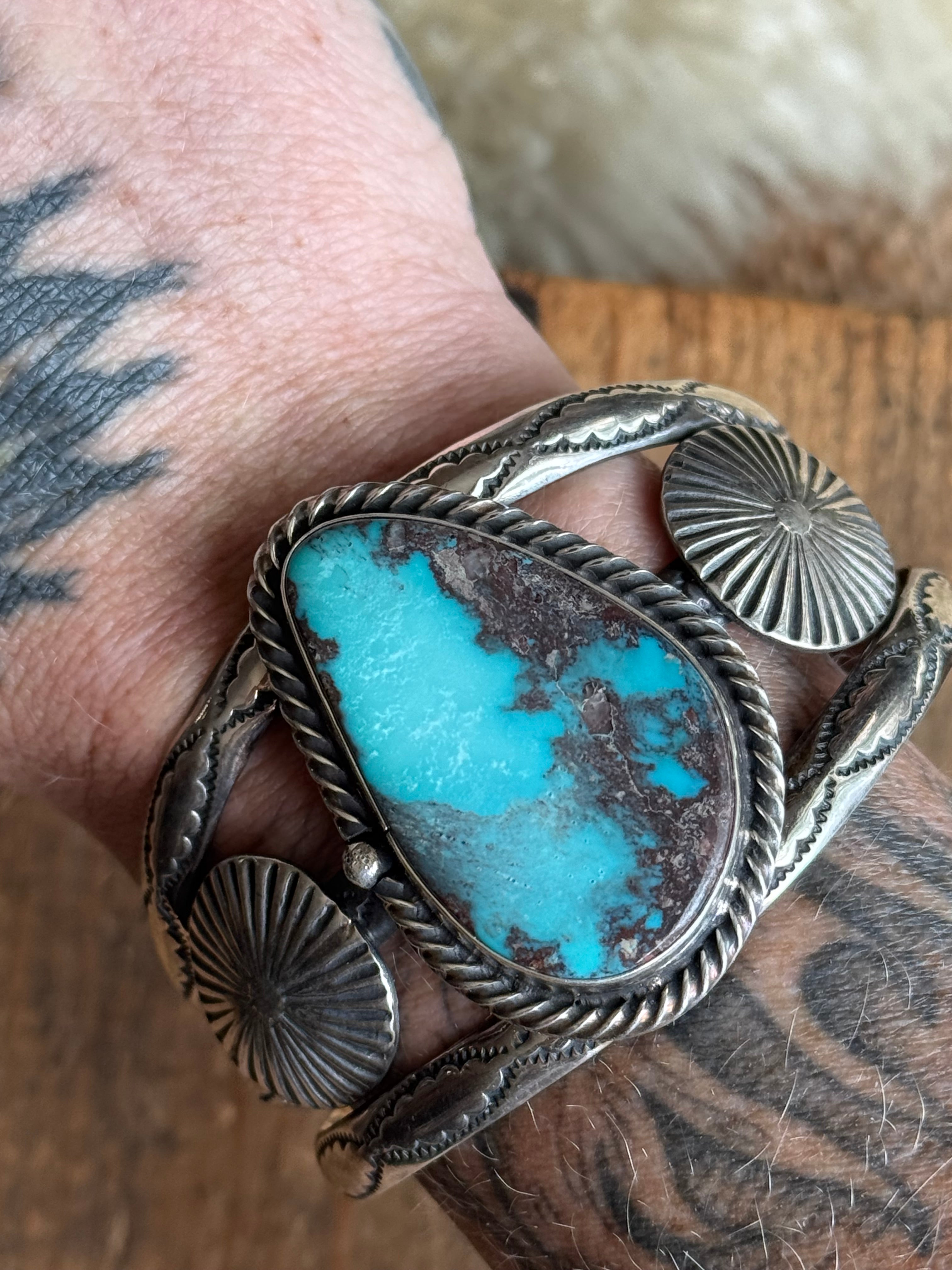Vintage Sterling Silver Stamped Turquoise Sun Coin Cuff