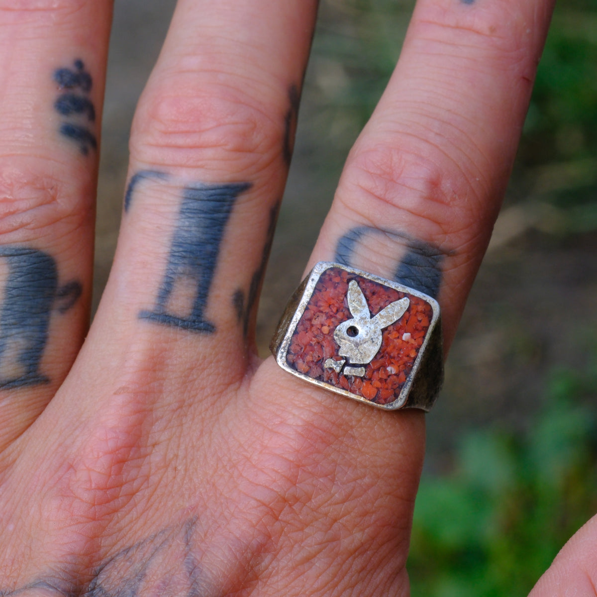 Vintage Sterling Coral Inlay Playboy Ring 10.5