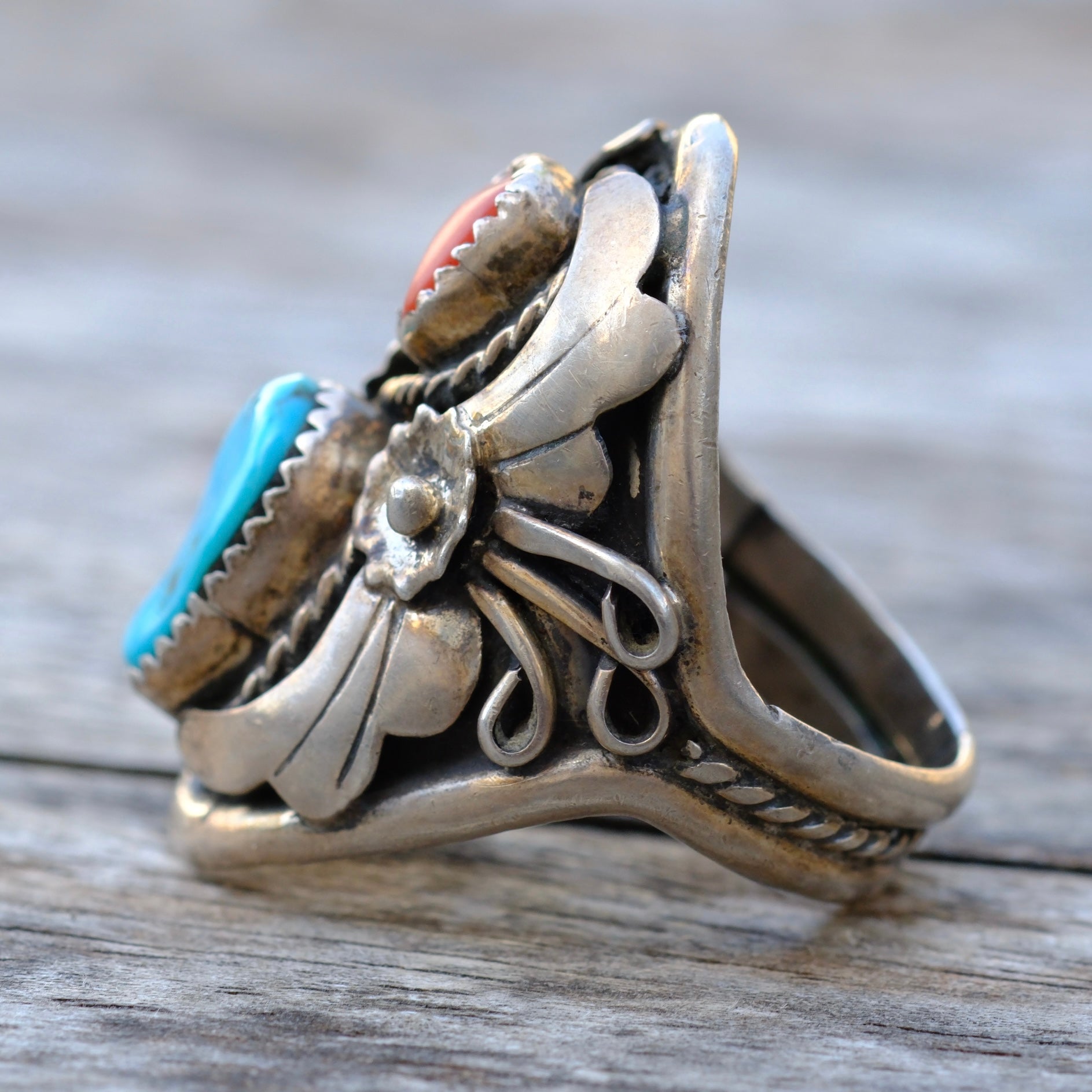 Vintage Sterling Turquoise and Coral Ring 10