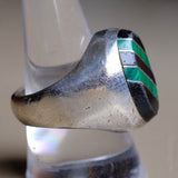 Vintage Sterling Onyx and Malachite Inlay Striper Ring 10