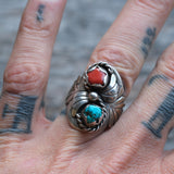 Vintage Sterling Turquoise and Coral Feather Ring 9.75
