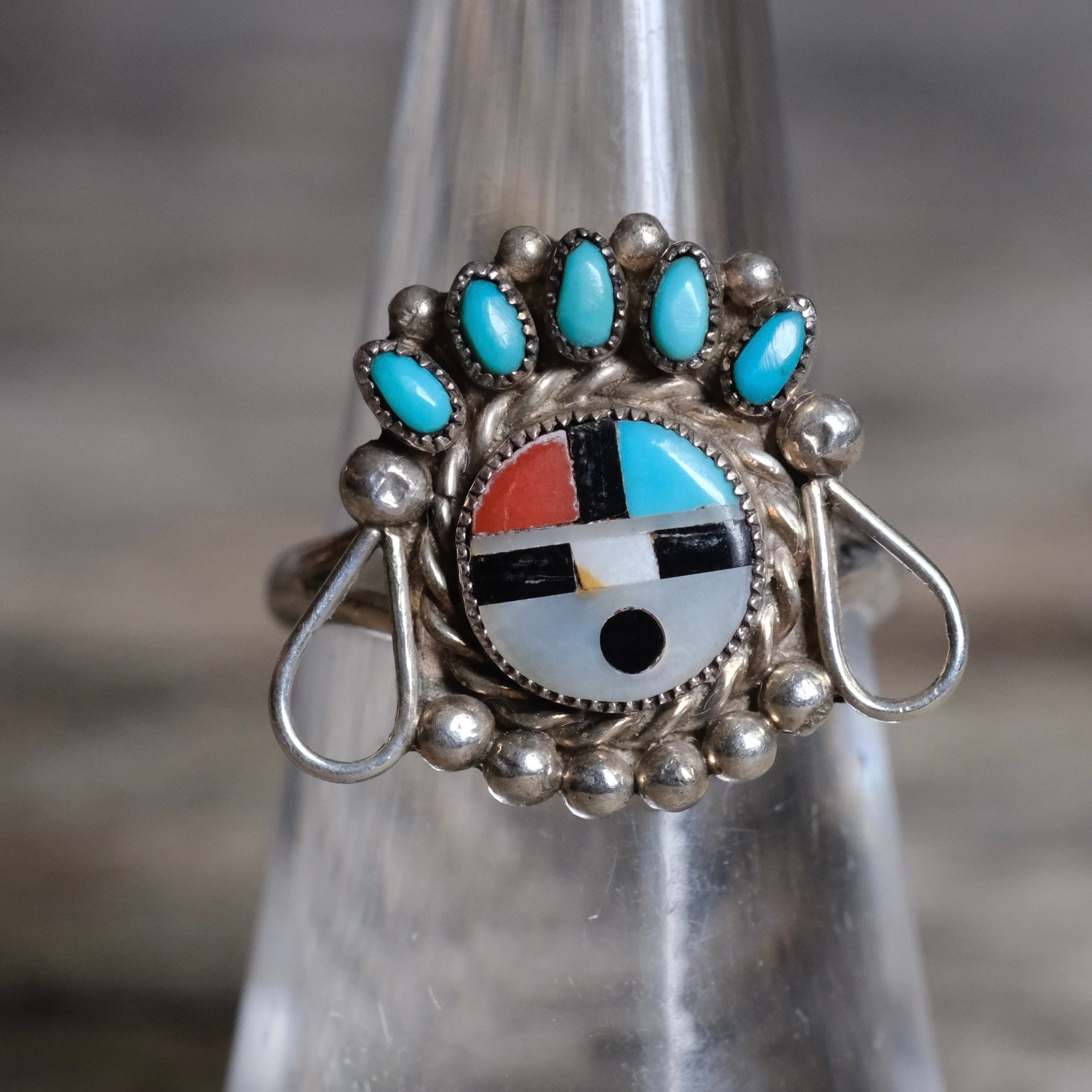 Vintage Sterling Multistone Inlay Zuni Sunface Ring 6.5