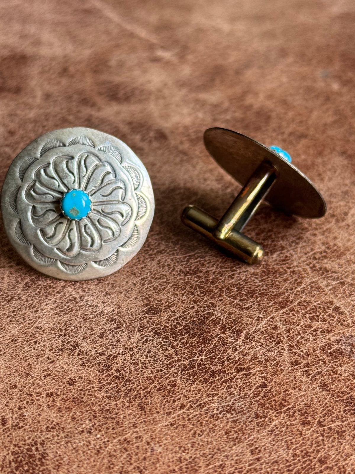 Vintage Sterling Silver Stamped Turquoise Concho Cufflinks