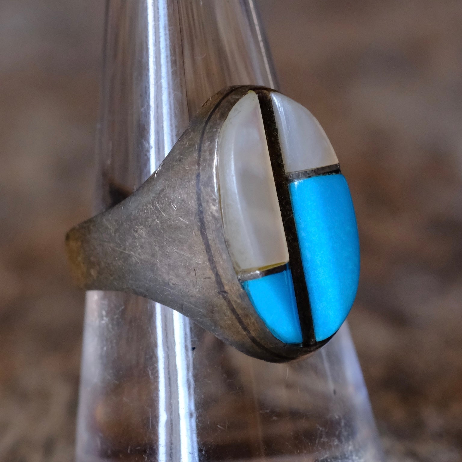 Vintage Sterling Turquoise and Mother Of Pearl Inlay Ring 8.25