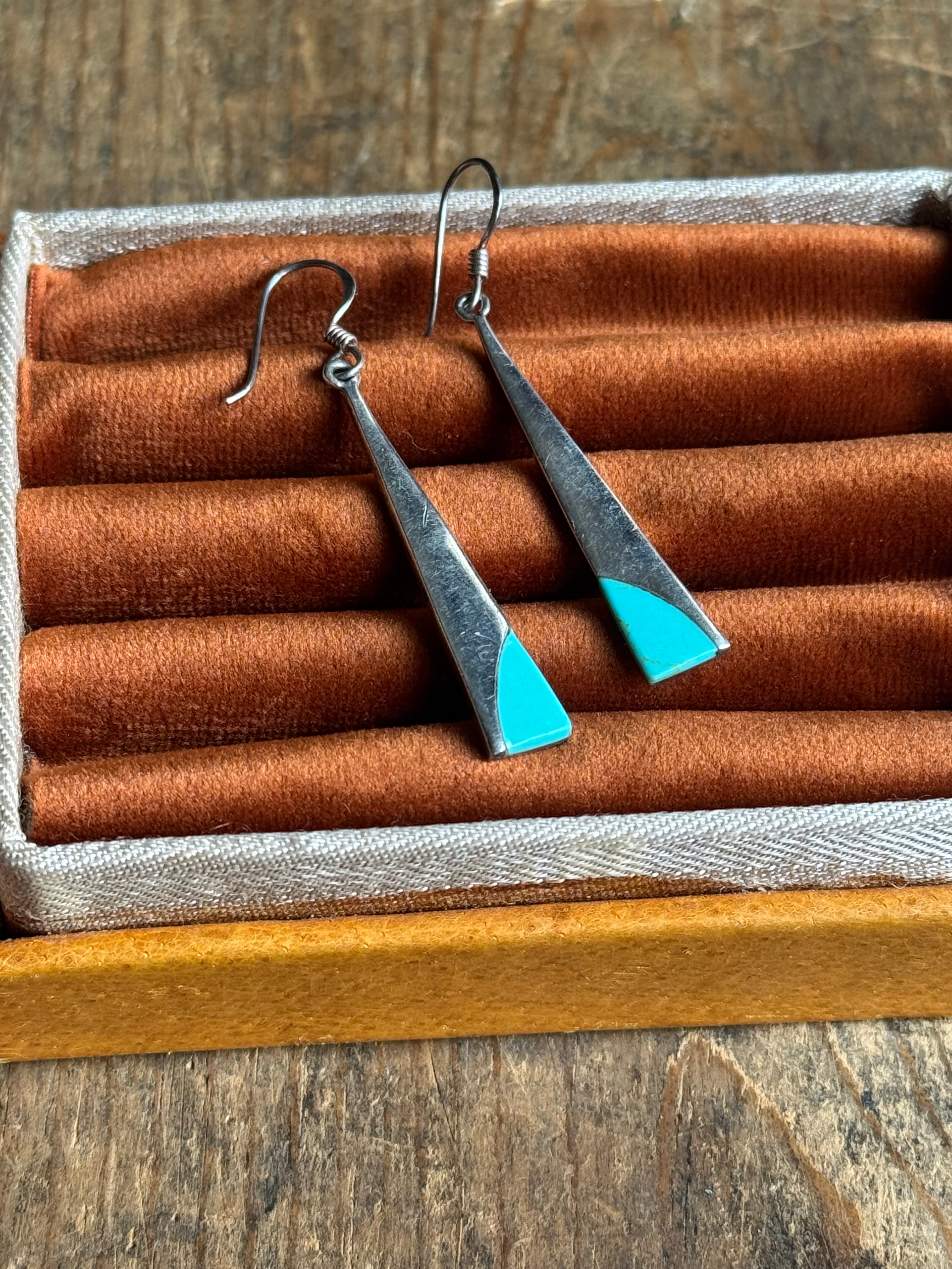 Vintage Sterling Silver Turquoise Inlay Triangle Earrings