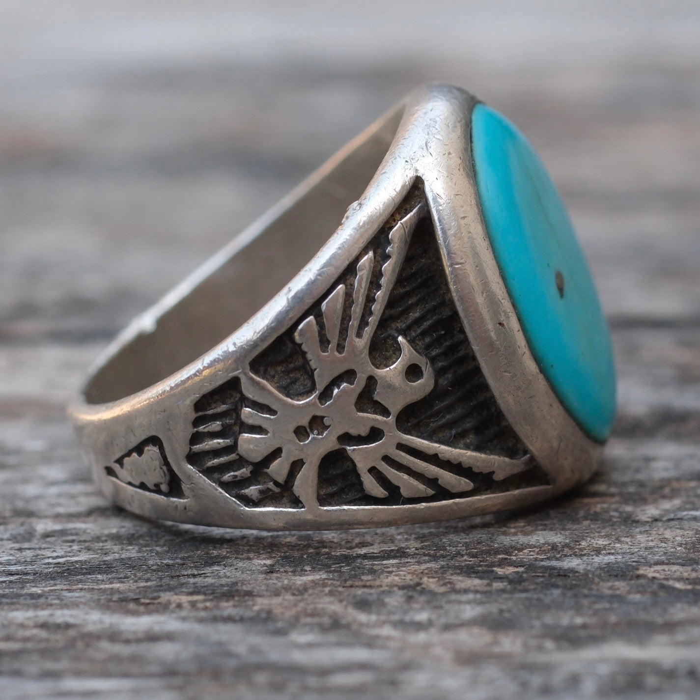 Vintage Sterling Turquoise Thunderbird Ring 9.75