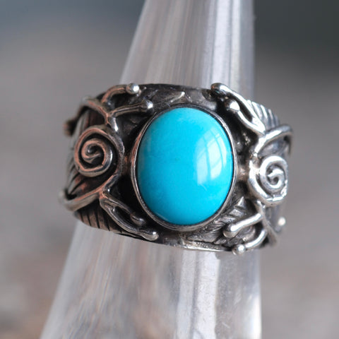 Vintage Sterling Turquoise Feather Ring 6.5