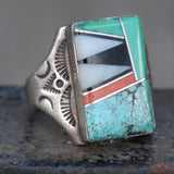 Vintage Sterling Multistone Inlay Stamped Band Ring 11.75
