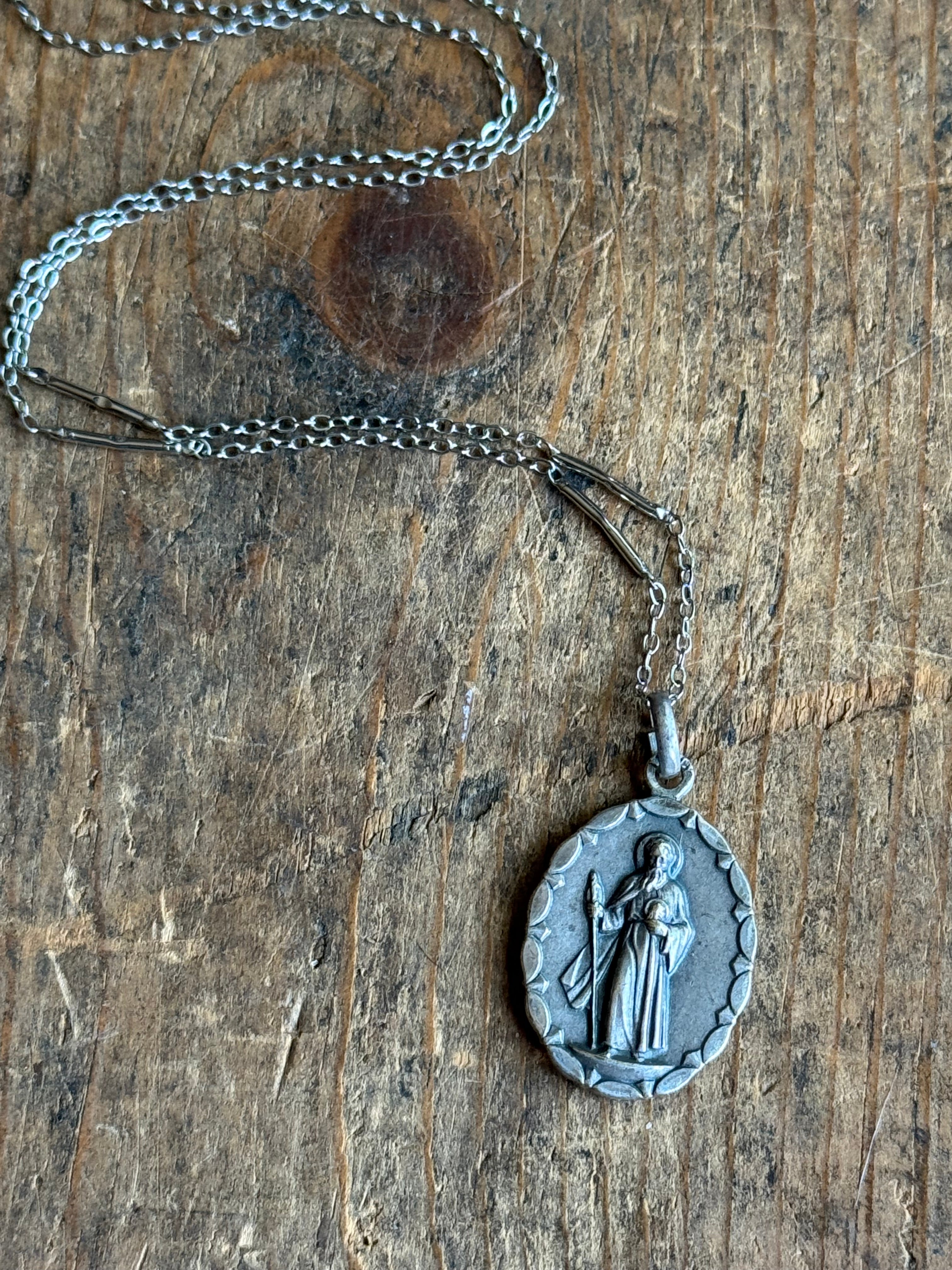 Vintage Sterling Silver Double Sided St. Jude & Jesus Medallion Necklace