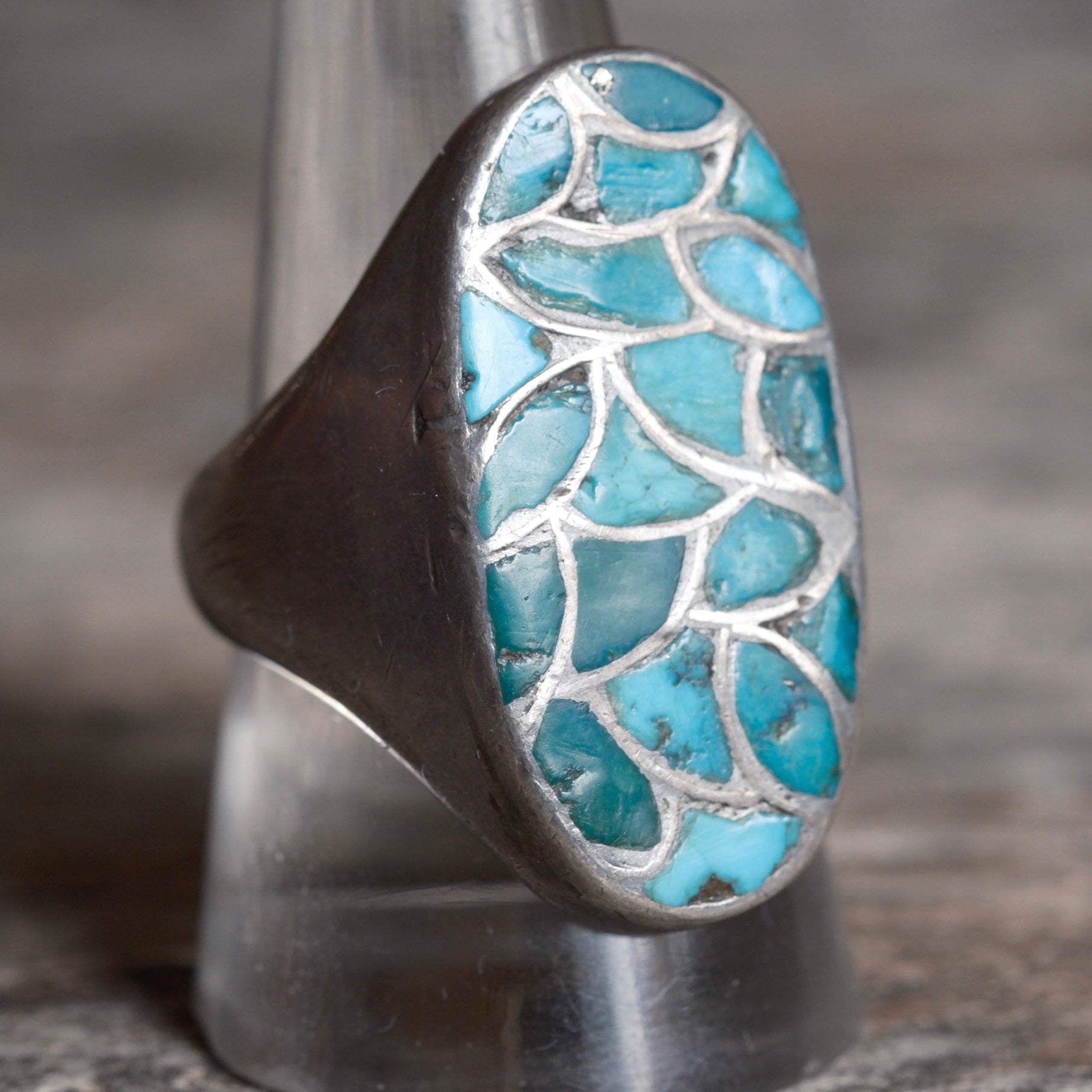 Vintage Sterling Turquoise Inlay Fish Scale Ring 10.5