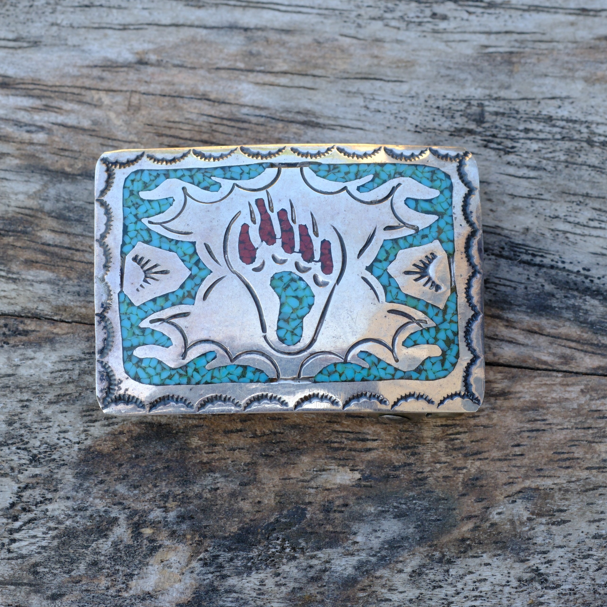 Vintage Sterling Ladies Turquoise and Coral Bear Paw Belt Buckle