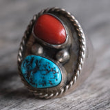 Vintage Sterling Turquoise and Coral Ring 11