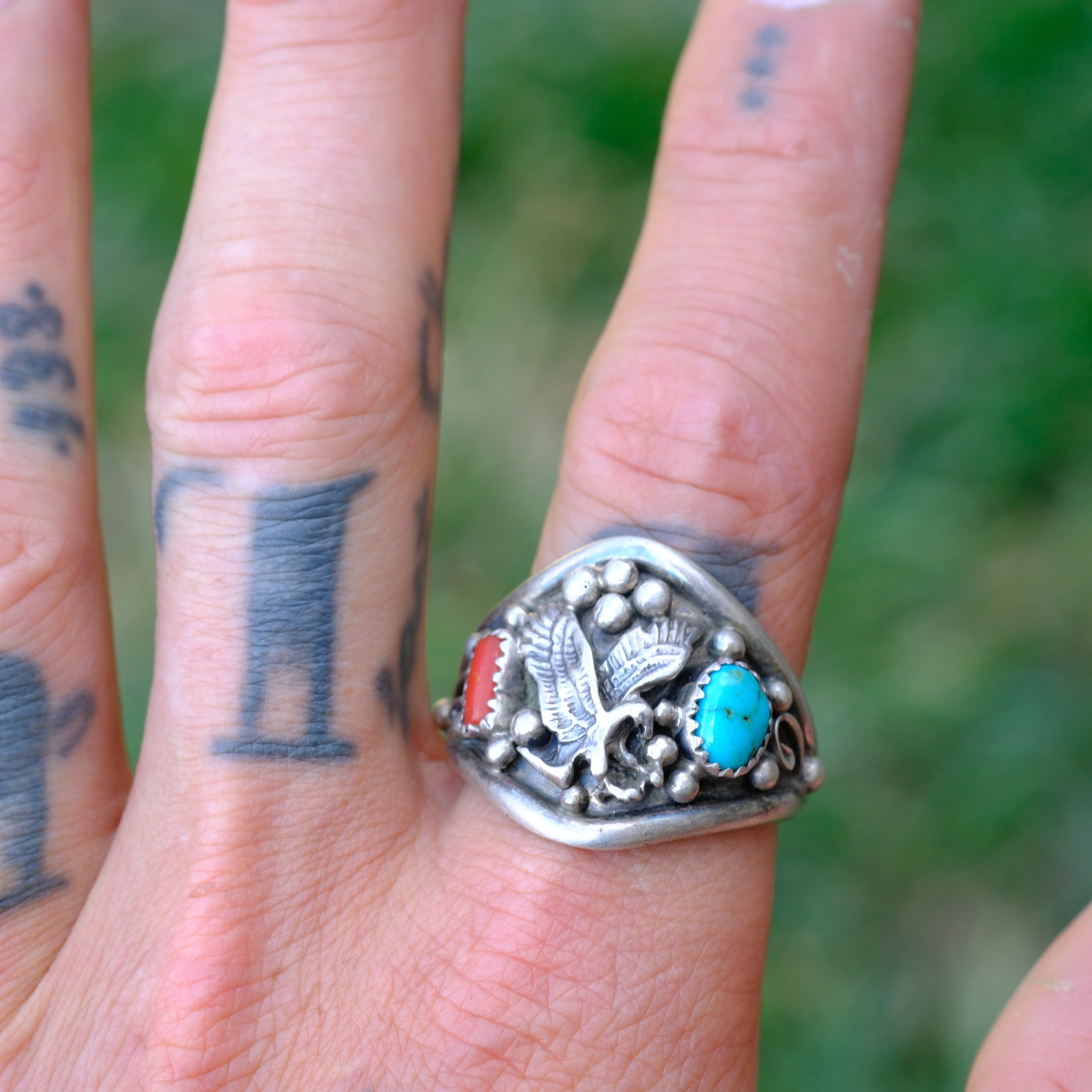 Vintage Sterling Turquoise and Coral Eagle Ring 14.5